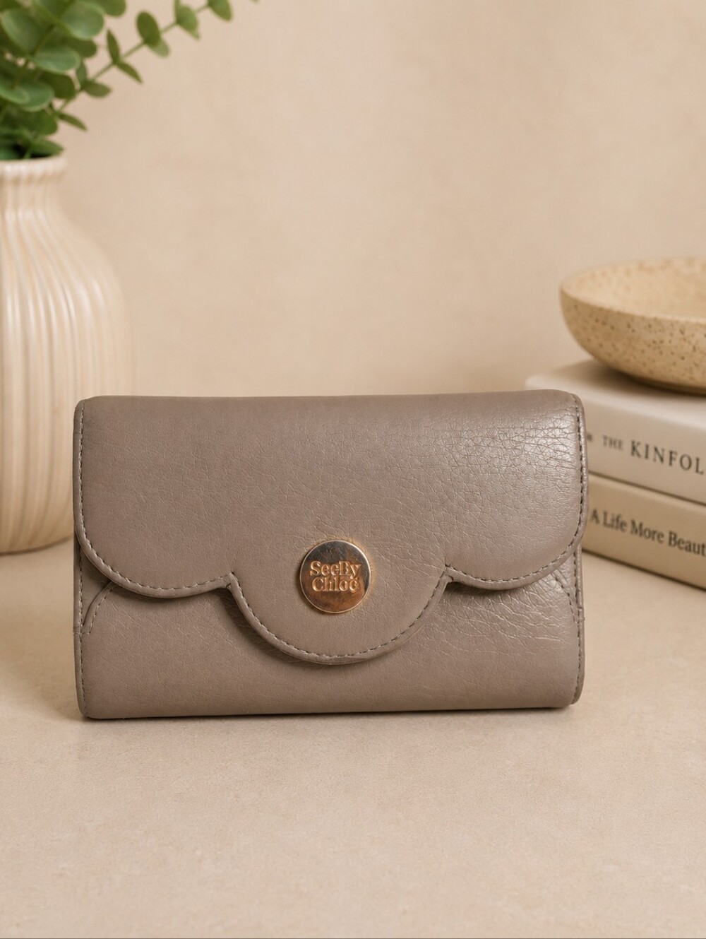 See by Chloé Taupe Scalloped Leather Compact Wallet